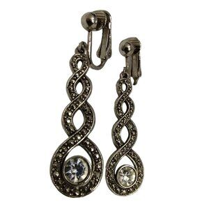 Vintage Rhinestone‎ Earrings Clip On Marcasite Dangle Hollywood Formal Art Deco